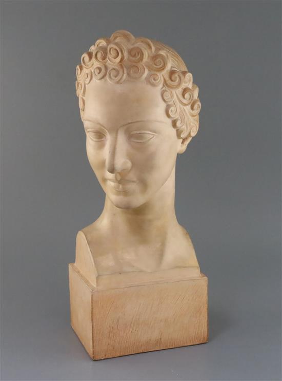 H. Bargas. A French Art Deco terracotta head of a classical beauty, height 19in.